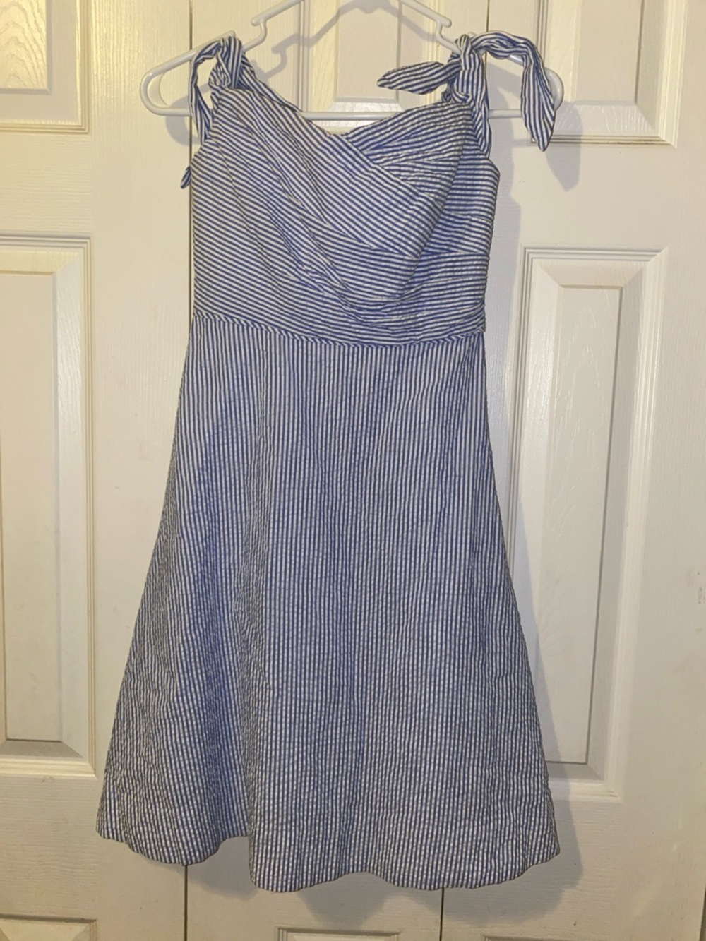 Teen or Tween Striped Blue and White Tie-Shoulder Seersucker Midi J. Crew Dress
